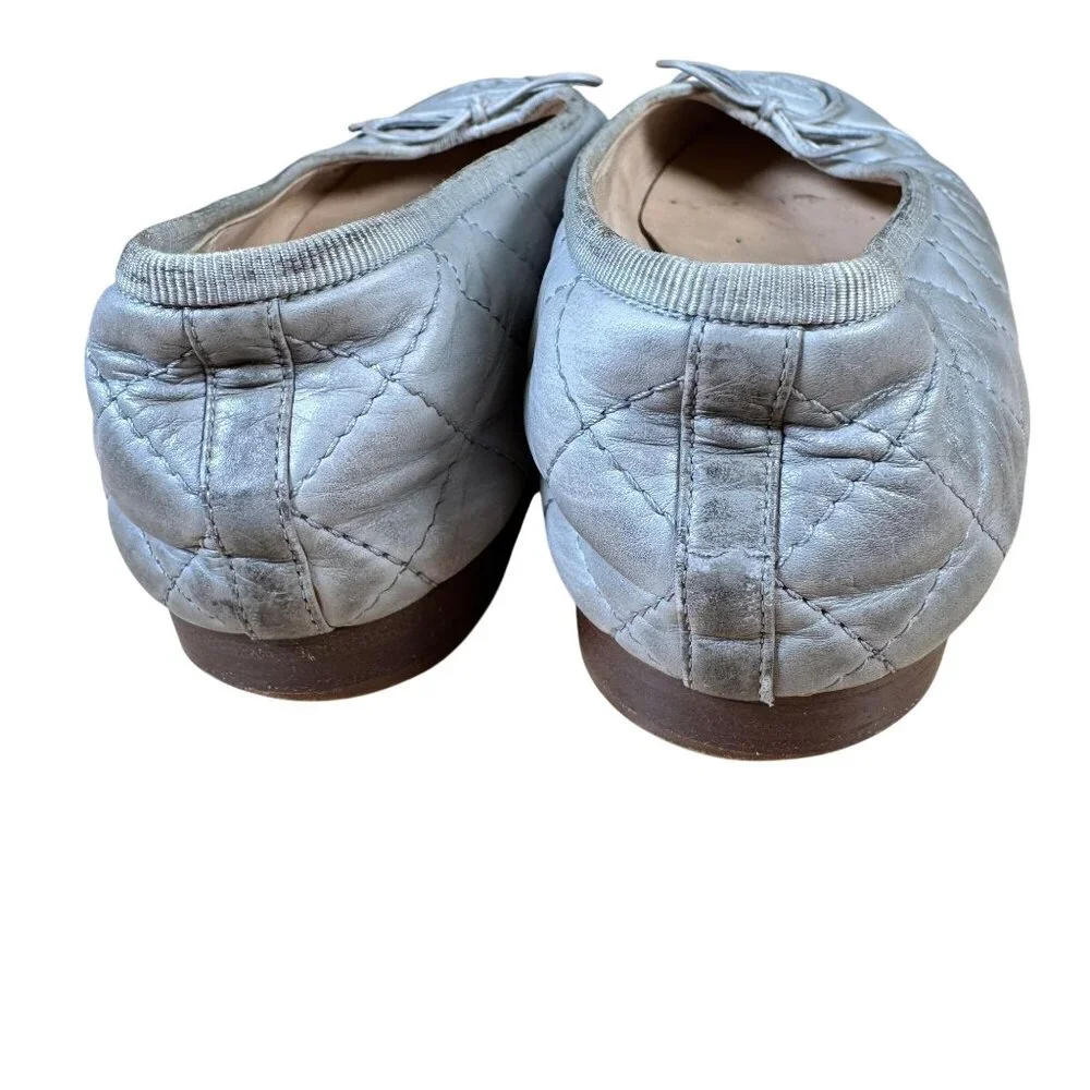 Chanel CC Cap Toe Quilted Silver Gray Lambskin Leather Ballet Flats EU 37 US 7 - Picture 7 of 11